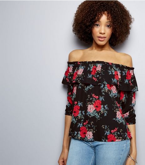 Blue Poppy Print Frill Trim Bardot Neck Top | New Look