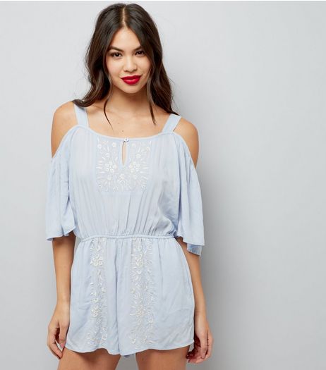 Pale Blue Embroidered Cold Shoulder Playsuit | New Look