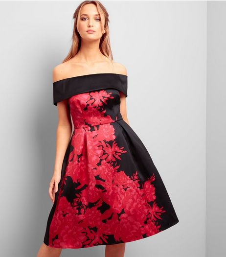 Black Floral Print Bardot Neck Satin Skater Dress | New Look