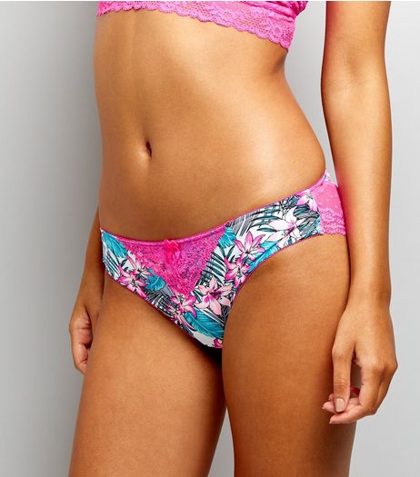 Pink Tropical Print Lace Trim Brazilian Briefs | New Look