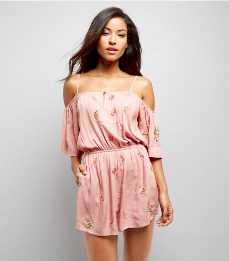 Pink Floral Embroidered Beach Playsuit | New Look