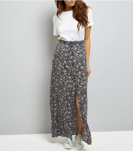 Black Ditsy Floral Button Front Maxi Skirt | New Look