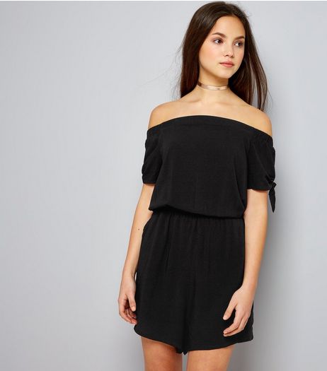 Teens Black Bardot Neck Tie Sleeve Playsuit | New Look