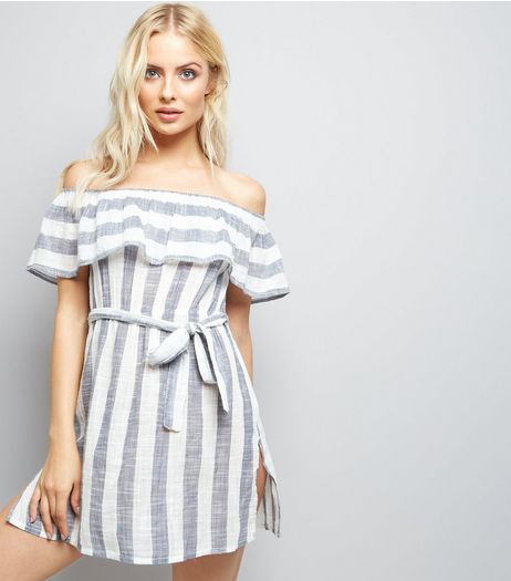 Blue Stripe Bardot Neck Beach Dress | New Look
