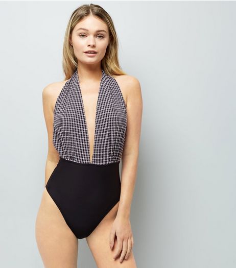 Black Gingham Plunge Swimsuit | New Look