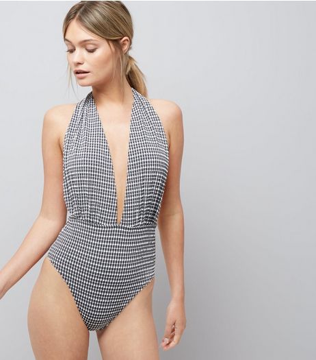 Black Gingham Plunge Swimsuit | New Look