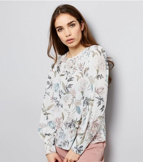 White Floral Print Long Cuffed Sleeve Top | New Look