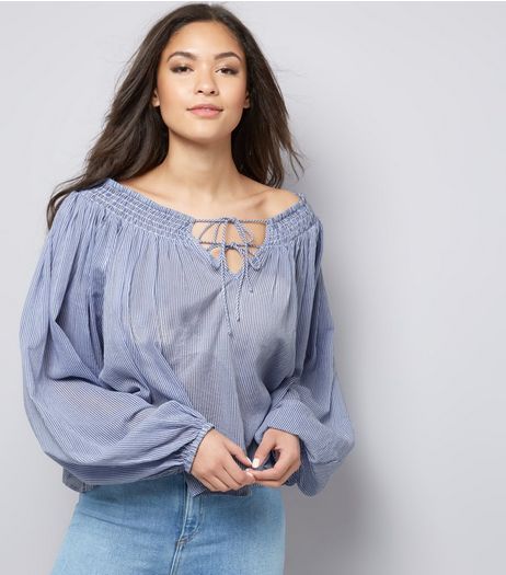 Blue Stripe Shirred Bardot Neck Long Sleeve Blouse | New Look