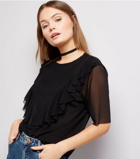 Black Mesh Yoke Frill Trim Short Sleeve Top | New Look