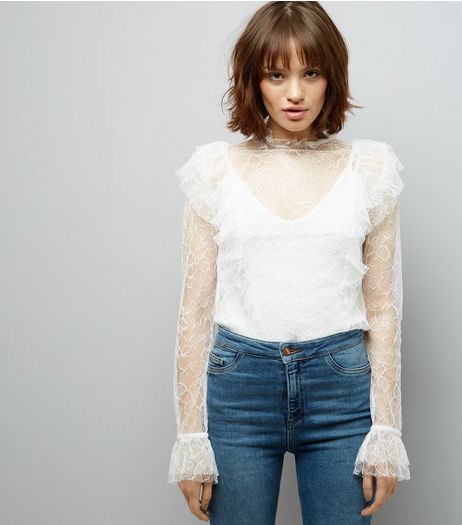 Cream Lace Frill Trim High Neck Top | New Look