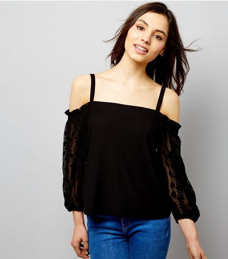 Black Embroidered Sleeve Bardot Neck Top | New Look