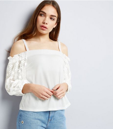 Cream Embroidered Sleeve Bardot Neck Top | New Look