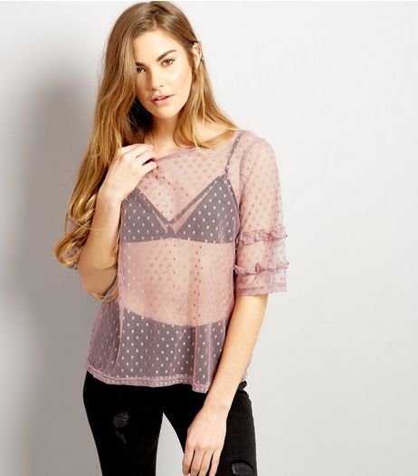 Lilac Spot Mesh Frill Sleeve Top | New Look