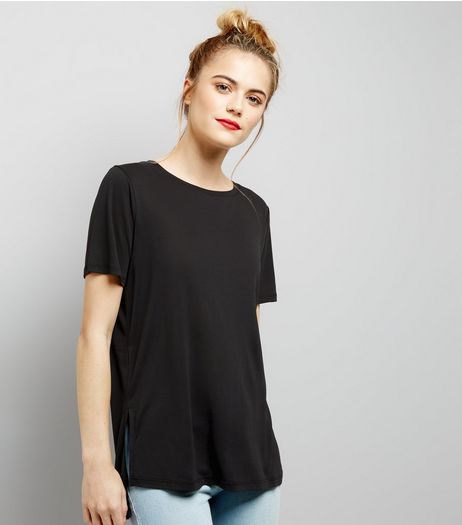 Black Short Sleeve Step Hem Longline T-Shirt | New Look