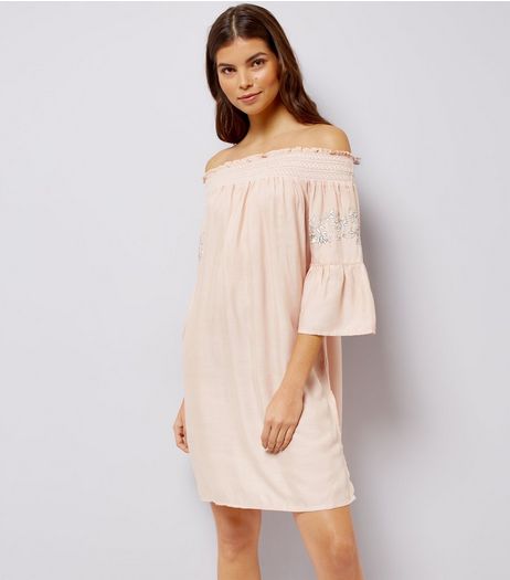 Shell Pink Embroidered Bardot Neck Beach Dress | New Look
