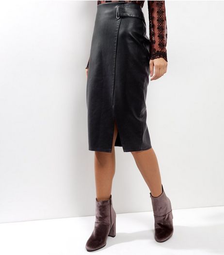 Black Leather-Look Midi Pencil Skirt | New Look