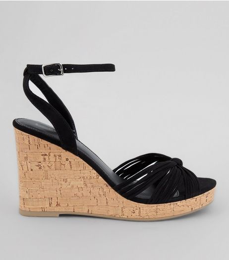 Black Suedette Knot Front Cork Wedges | New Look