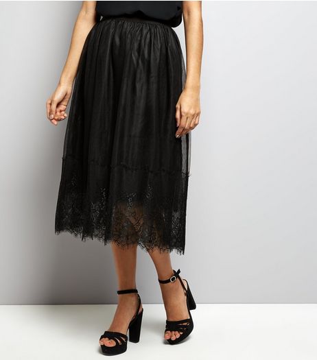 Petite Black Tulle Lace Trim Midi Skirt | New Look