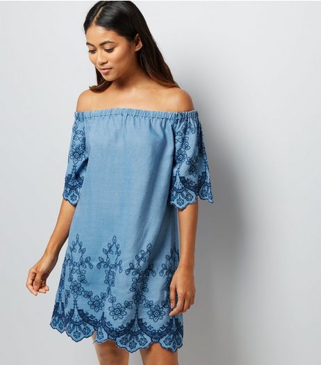 Petite Blue Embroidered Bardot Neck Dress | New Look