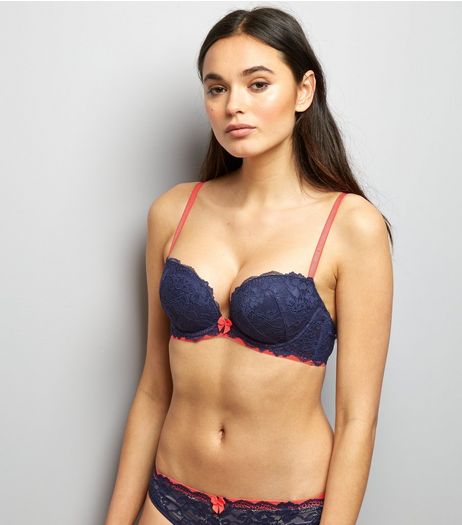 Navy Lace Contrast Band Bra | New Look
