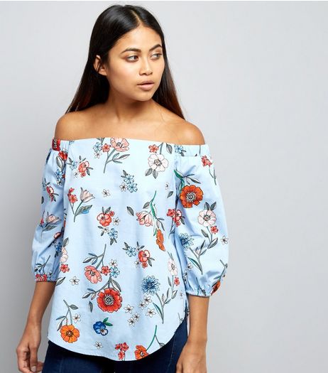 Petite Blue Floral Print Bardot Neck Top | New Look