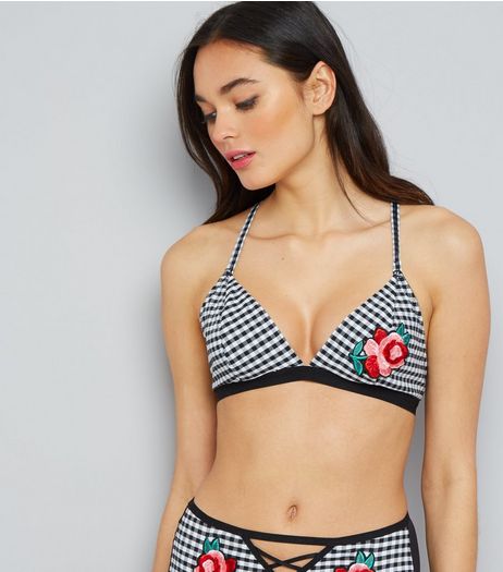 Black Gingham Floral Badge Cross Back Bralet | New Look