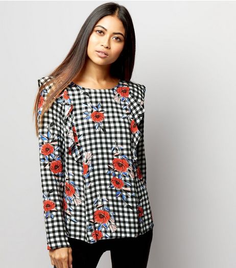 Petite Black Gingham and Floral Print Top | New Look