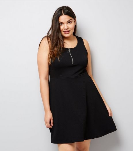 Curves Black Zip Front Textured Skater Dress | New Look