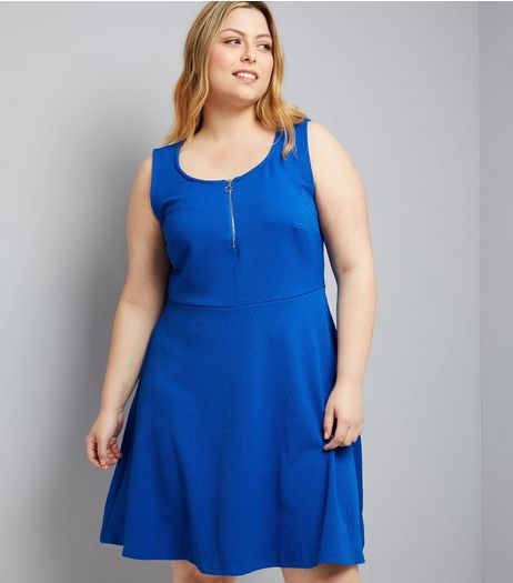 Curves Blue Zip Front Textured Skater Dress | New Look