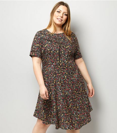 Curves Black Ditsy Floral Ladder Print Tea Dress | New Look