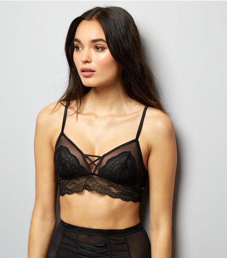 Black Premium Lattice Front Lace Bralet | New Look