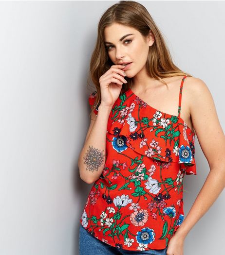Red Floral Print Frill Trim Off the Shoulder Top | New Look
