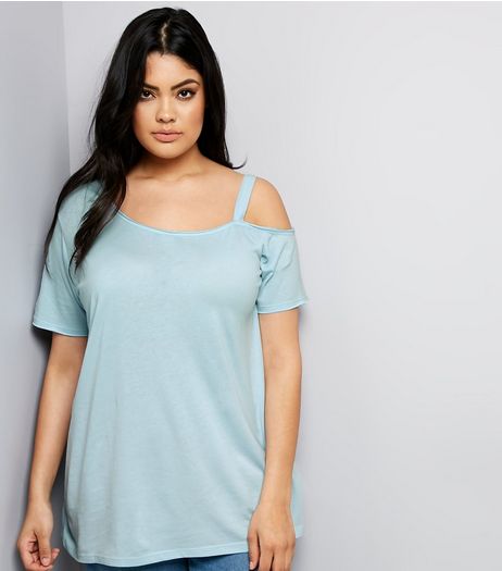 Curves Mint Green Asymmetric Cold Shoulder T-Shirt | New Look
