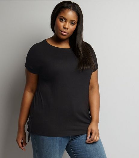 Curves Black Tie Side Longline T-Shirt | New Look