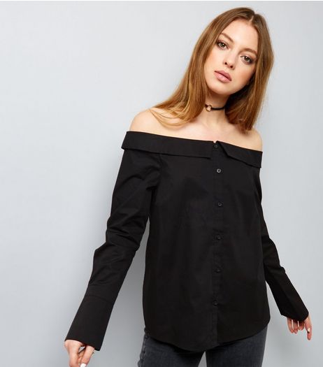 Black Bardot Neck Shirt | New Look