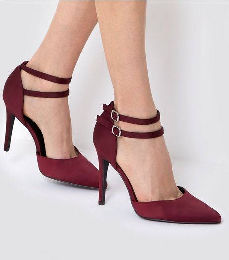 Wide Fit Burgundy Satin Double Strap Heels | New Look