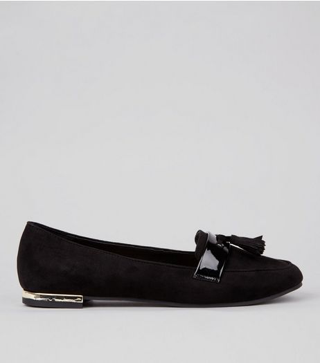 Wide Fit Black Suedette Bow Front Loafers | New Look
