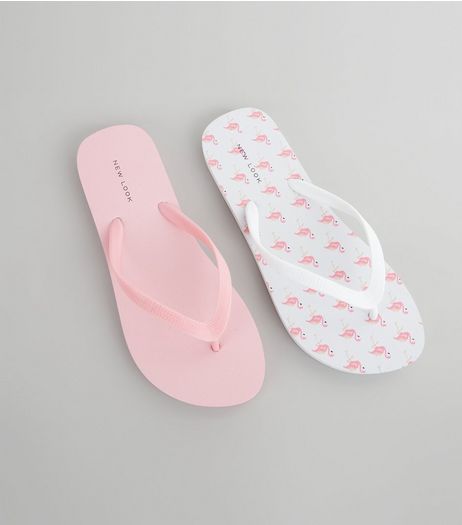 2 Pack Pink Flamingo Print Flip Flops | New Look