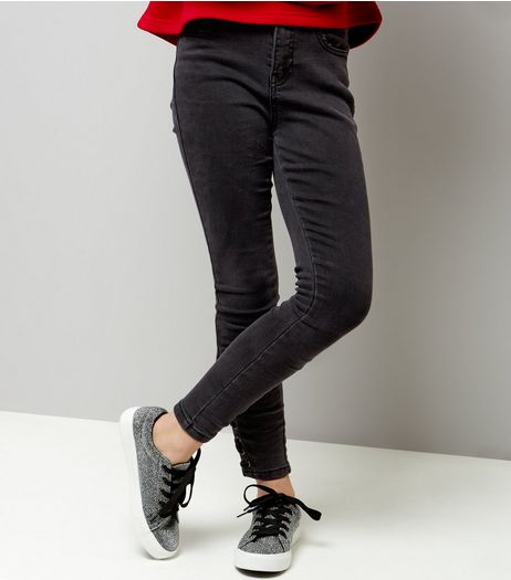 Teens Black Lace Up Hem Skinny Jeans | New Look