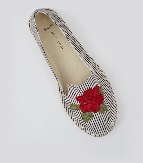Wide Fit Black Stripe Floral Embroidered Badge Espadrilles | New Look
