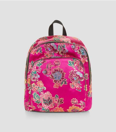 Bright Pink Sateen Floral Jaquard Mini Backpack | New Look