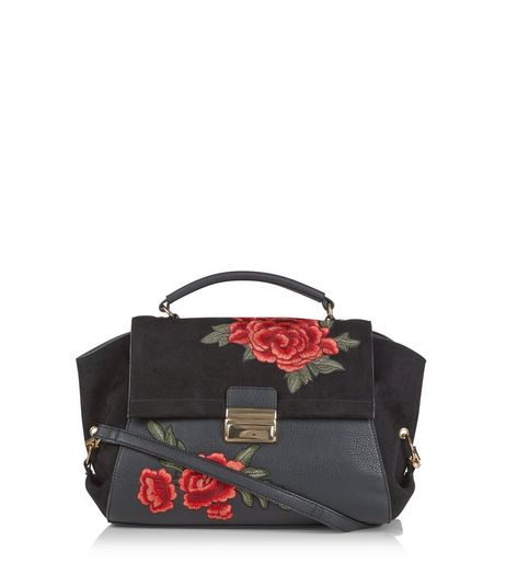 Black Suedette Panel Floral Embroidered Satchel | New Look