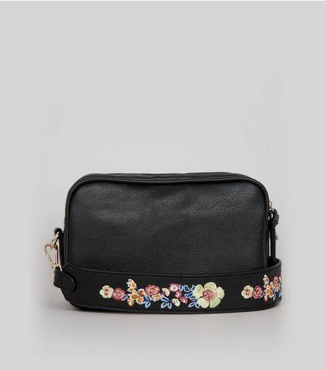 Black Floral Embroidered Strap Camera Bag | New Look