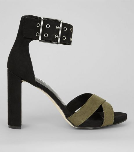 Black Buckle Strap Contrast Strap Heels | New Look