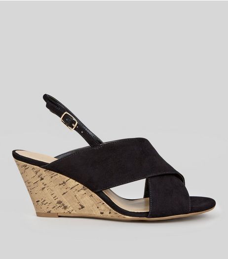 Wide Fit Black Suedette Cross Strap Cork Wedge Heels | New Look