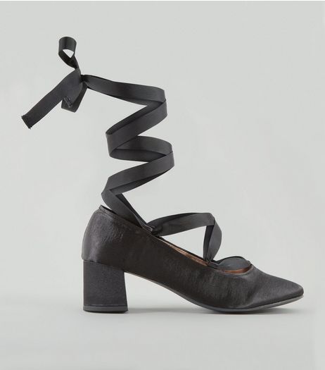 Black Satin Ankle Tie Block Heels | New Look
