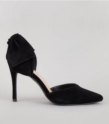 Black Suede Bow Back Pointed Heels | New Look