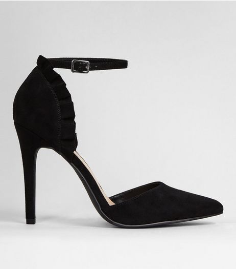 Black Suedette Frill Trim Pointed Heels | New Look