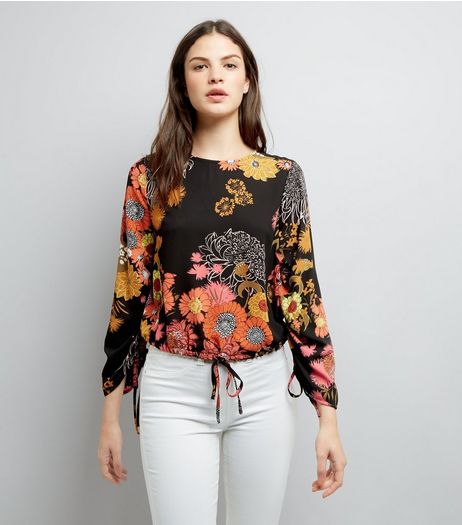 Black Floral Print Ruched Side Top | New Look