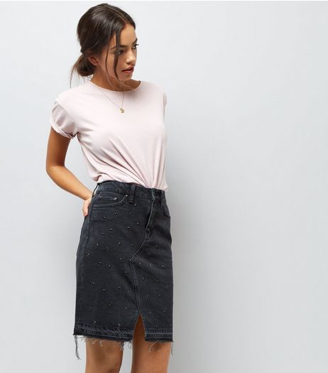 Black Eyelet Studded Denim Skirt | New Look